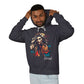 Man wearing a dark gray hoodie with a colorful graphic design and the word 'Feral' on a white background