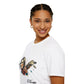 White unisex cotton t-shirt in side profile on smiling woman with braided hair, featuring bold Virgo zodiac graphic on chest: vibrant abstract woman holding wheat sheaf, serene expression, flowing hair with headscarf, detailed feathers, geometric accents, and dynamic multicolored paint splatters in gold, red, navy, teal, and black tones bursting outward. Elegant black cursive "Virgo" text below. Astrology zodiac motivational crewneck tee.