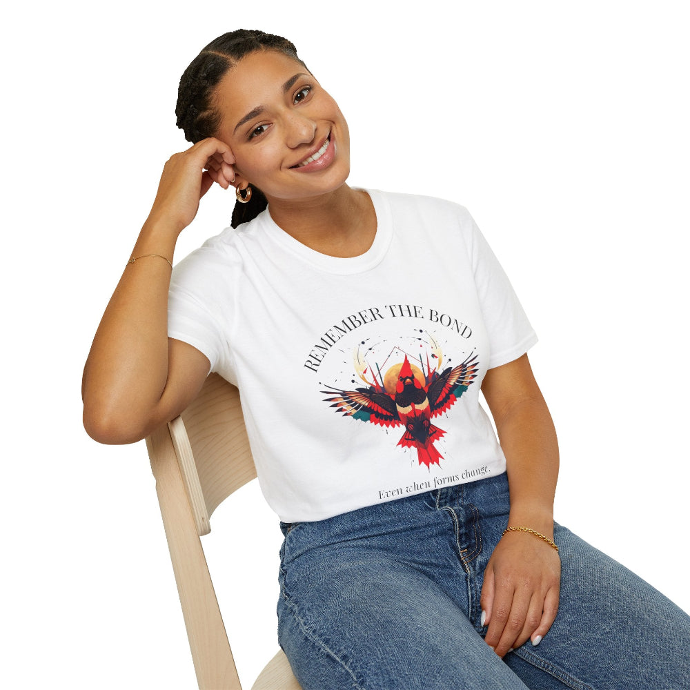 Woman modeling a white t-shirt with 'Remember The Bond' inspirational bird graphic and quote 'Even when forms change, The love remains alive' printed on the front.