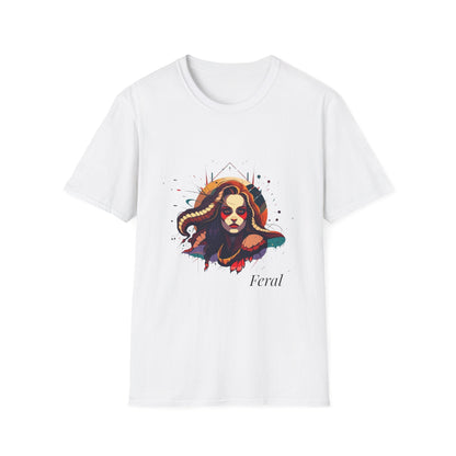 White unisex cotton t-shirt featuring bold "Feral" graphic: vibrant abstract portrait of a fierce woman with wild flowing horn-like hair, intense red eye makeup, tribal markings, colorful geometric accents, and dynamic paint splatters in red, orange, teal, blue, and gold tones bursting outward around an orange moon background. White elegant cursive "Feral" text below. Wild feminine energy motivational crewneck tee.