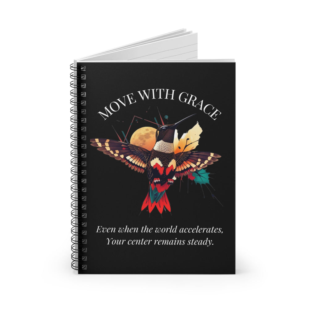 Open black spiral notebook with lined pages and "Move With Grace" hummingbird cover art. Stylish stationery for journaling, planning, or school notes.