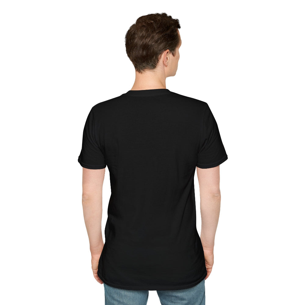 Black unisex cotton crewneck t-shirt back view on male model with short brown hair: plain blank black with no print, short sleeves, relaxed fit, and clean hem. Soft comfortable premium basic black t-shirt rear view.