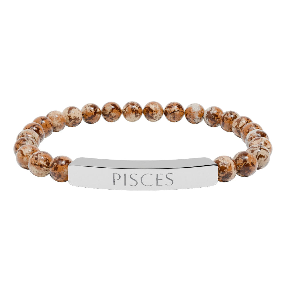 Bracelet with polished leopard jasper beads in earthy brown tones with natural veining, featuring a silver curved bar engraved "PISCES" in uppercase letters. Stretch-fit zodiac-inspired crystal jewelry.