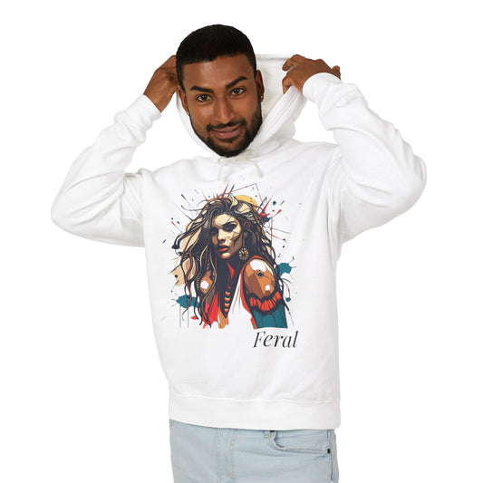 Man in white feral hoodie pulling up hood, colorful wild woman with wolf graphic and "Feral" text