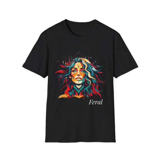 Black unisex cotton t-shirt featuring bold "Feral" graphic: vibrant abstract portrait of a fierce woman with wild flowing multicolored hair, intense expression, tribal markings and forehead jewel, colorful geometric accents, and dynamic paint splatters in red, orange, teal, blue, and gold tones bursting outward. White elegant cursive "Feral" text below. Wild feminine energy motivational crewneck tee.