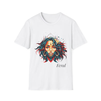 White unisex cotton t-shirt featuring bold "Feral" graphic: vibrant abstract portrait of a fierce woman with wild flowing hair in blue and red tones, intense expression, tribal markings and forehead jewel, colorful geometric accents, and dynamic paint splatters bursting outward around an orange moon background. White elegant cursive "Feral" text below. Wild feminine energy motivational crewneck tee.
