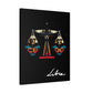 Black canvas wall art print of geometric Libra scales with intricate patterns and colorful accents on dark background, featuring "Libra" in elegant white cursive.