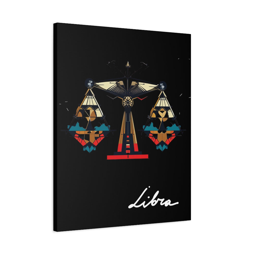 Black canvas wall art print of geometric Libra scales with intricate patterns and colorful accents on dark background, featuring "Libra" in elegant white cursive.