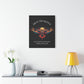 Black canvas wall art print featuring colorful abstract owl with intense eyes, detailed feathers, geometric accents, and cosmic splatters on dark background. Arched white text "TRUST THE SILENCE" above and quote "Even when the world is quiet, wisdom speaks softly" below. Modern motivational zodiac decor hung on white wall above console table with books and yellow lamp.