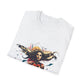 White folded unisex cotton t-shirt featuring bold "Feral" graphic print: vibrant abstract portrait of a fierce woman with wild flowing hair, intense expression, tribal markings, colorful geometric accents, and dynamic paint splatters in red, orange, teal, blue, and gold tones bursting outward around an orange moon background. White elegant cursive "Feral" text below. Wild feminine energy motivational crewneck tee.