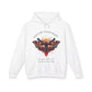 White hoodie with vibrant multicolored moth/butterfly graphic, geometric sun/moon elements, "FOLLOW YOUR LIGHT" arched text above, motivational quote "Even when others can't see where you're going" below