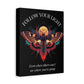 Black canvas wall art print featuring colorful abstract moth with detailed wings, intense expression, geometric accents, and cosmic splatters on dark background. Arched white text "FOLLOW YOUR LIGHT" above and quote "Even when others can't see where you're going, see with your own eyes" below. 
