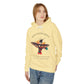 Women's pastel yellow "Move With Grace" hummingbird graphic hoodie. Features a colorful bird illustration and inspirational quote on a comfortable fleece pullover.