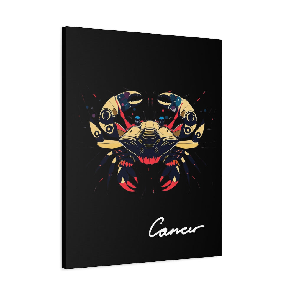 Black canvas wall art print of colorful abstract Cancer crab illustration with intricate details and cosmic splatters on dark background, featuring "Cancer" in elegant white cursive.