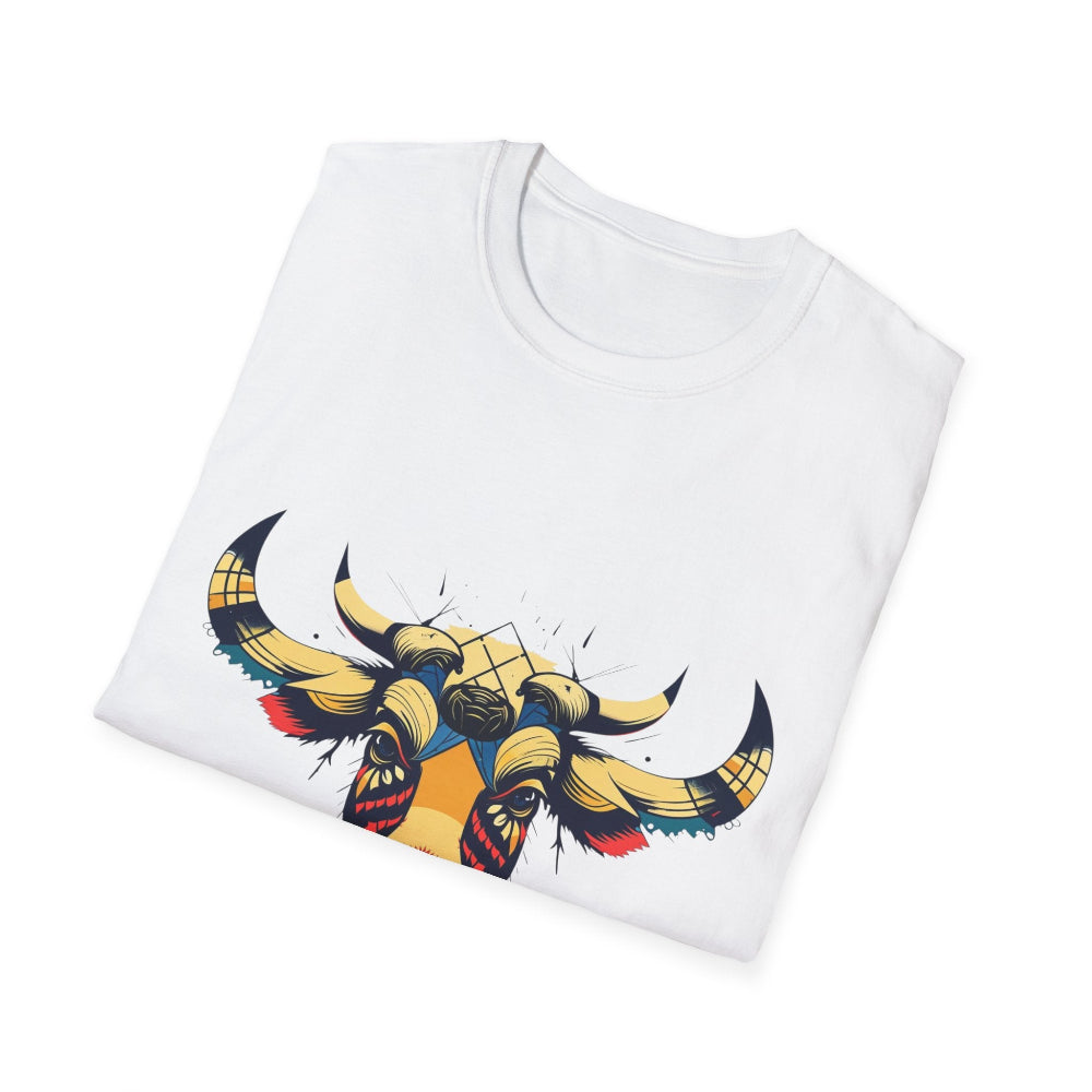White folded unisex cotton t-shirt featuring bold Year of the Ox graphic print: vibrant abstract ox/bull face portrait with large curved horns, intense eyes, geometric patterns, and dynamic multicolored paint splatters in gold, red, blue, teal, and black tones exploding outward. Chinese text "牛年" (Year of the Ox) printed below in black. Zodiac Chinese New Year motivational crewneck tee.