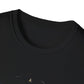 Close-up view of black unisex cotton crewneck t-shirt collar: soft ribbed neckline with clean stitching and comfortable fit. Premium quality durable crew neck construction detail on black graphic tee.