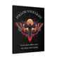 Black canvas wall art print featuring colorful abstract moth with detailed wings, intense expression, geometric accents, and cosmic splatters on dark background. Arched white text "FOLLOW YOUR LIGHT" above and quote "Even when others can't see where you're going, see with your own eyes" below. 