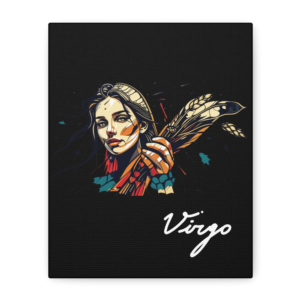 Close up of black canvas wall art print of colorful abstract Virgo woman holding wheat sheaf, serene expression, stylish hair, and cosmic splatters on dark background, featuring "Virgo" in elegant white cursive.