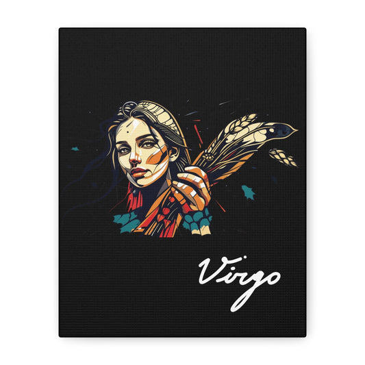 Close up of black canvas wall art print of colorful abstract Virgo woman holding wheat sheaf, serene expression, stylish hair, and cosmic splatters on dark background, featuring "Virgo" in elegant white cursive.