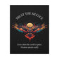 Close up of black canvas wall art print featuring colorful abstract owl with intense eyes, detailed feathers, geometric accents, and cosmic splatters on dark background. Arched white text "TRUST THE SILENCE" above and quote "Even when the world is quiet, wisdom speaks softly" below.