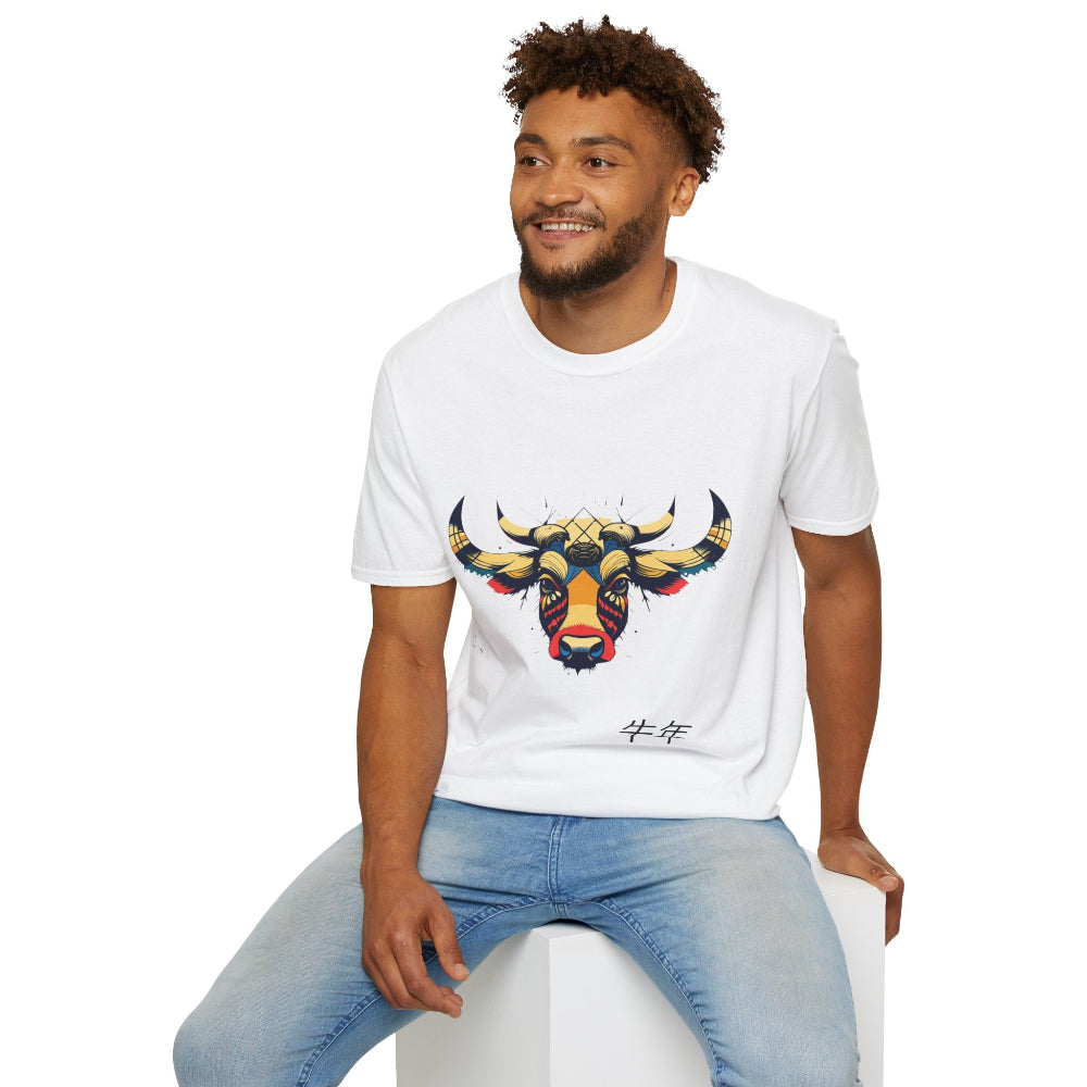 White unisex cotton t-shirt modeled by smiling man with curly hair and beard, featuring bold Year of the Ox graphic: vibrant abstract ox/bull face portrait with large curved horns, intense eyes, geometric patterns, and dynamic multicolored paint splatters in gold, red, blue, teal, and black tones exploding outward. Chinese text "牛年" (Year of the Ox) printed below in black. Zodiac Chinese New Year motivational crewneck tee.