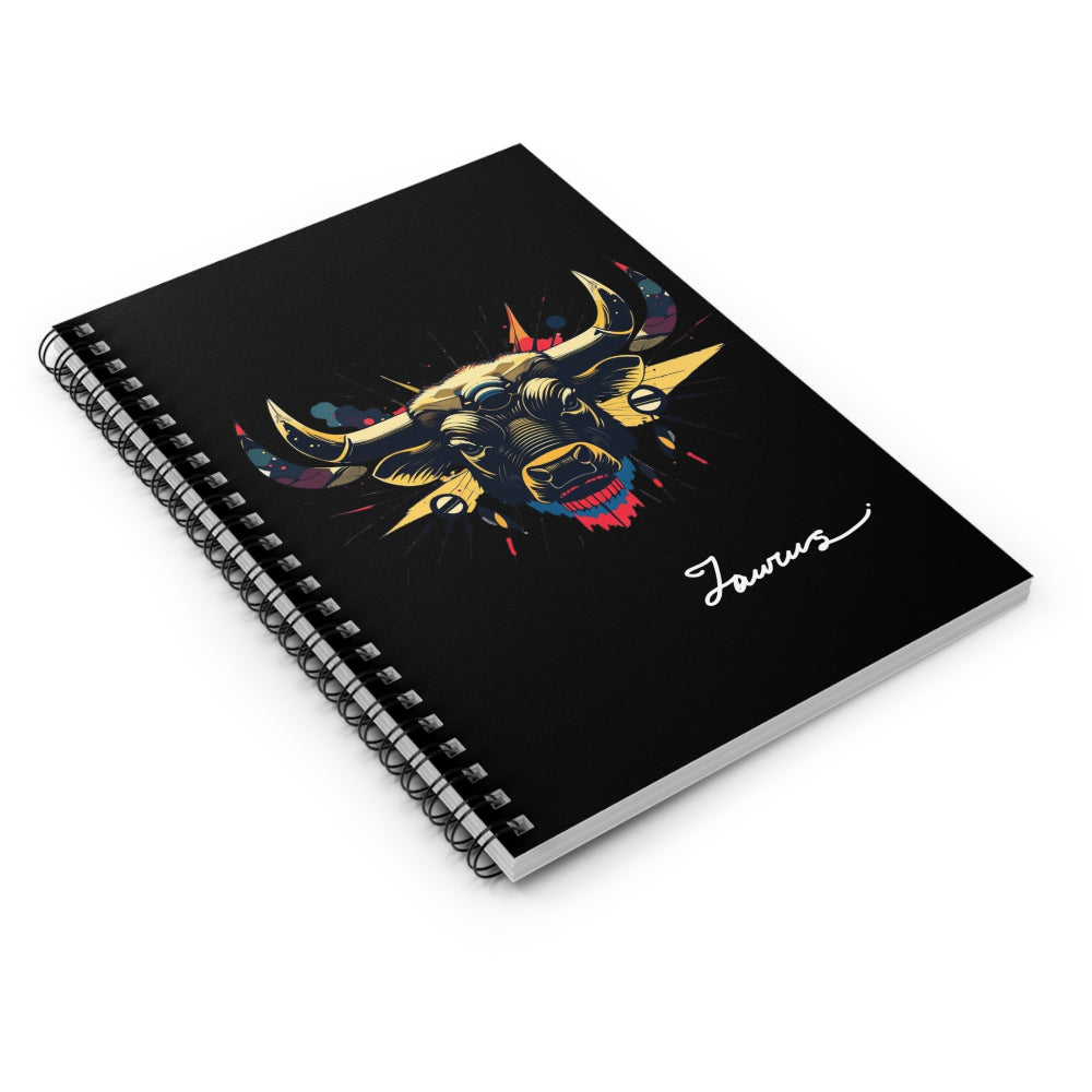 Notebook with a colorful abstract Taurus bull head portrait, large curved horns, intense expression, and paint splatters on a black background, featuring the word "Taurus" in elegant white cursive.