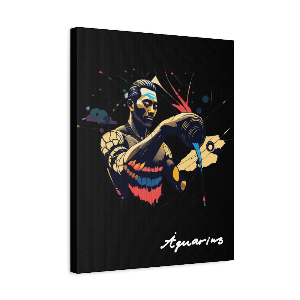Black canvas wall art print of colorful abstract Aquarius water bearer pouring vessel with tribal face paint and cosmic splatters on dark background, featuring "Aquarius" in elegant white cursive.