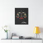 Black canvas wall art print of geometric Libra scales with intricate patterns and colorful accents on dark background, featuring "Libra" in elegant white cursive. Modern zodiac decor piece above a console table with books and lamp.