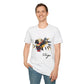 White unisex cotton t-shirt modeled by smiling man with short brown hair, featuring bold Virgo zodiac graphic on chest: vibrant abstract woman holding wheat sheaf, serene expression, flowing hair with headscarf, detailed feathers, geometric accents, and dynamic multicolored paint splatters in gold, red, navy, teal, and black tones bursting outward. Elegant black cursive "Virgo" text below. Astrology zodiac motivational crewneck tee.