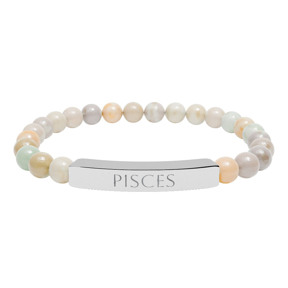 Bracelet with polished pastel beads in soft peach, cream, gray, and light blue tones with natural marbling, featuring a silver curved bar engraved "PISCES" in uppercase letters. Stretch-fit zodiac-inspired crystal jewelry.