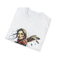 White folded unisex cotton t-shirt featuring bold Virgo zodiac graphic print: vibrant abstract woman holding wheat sheaf, serene expression, flowing hair with headscarf, detailed feathers, geometric accents, and dynamic multicolored paint splatters in gold, red, navy, teal, and black tones bursting outward. Elegant black cursive "Virgo" text below. Astrology zodiac motivational crewneck tee.