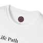 White unisex cotton t-shirt neckline close-up detail: soft ribbed crewneck collar with clean stitching, comfortable fit, inner tag featuring a purple and gold circular zodiac wheel logo with 12 astrological signs arranged around the rim and central glowing star compass design. 100% cotton premium quality label visible. Essential motivational tee collar detail.