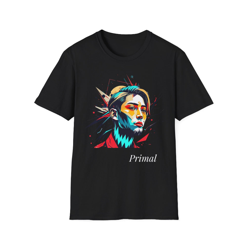 Black unisex cotton t-shirt featuring bold Primal graphic print: stylized intense man portrait with styled hair, multicolored geometric face in vibrant orange, teal, red, and blue, dynamic paint splatters bursting outward. Elegant white cursive "Primal" text below. Primal masculine energy motivational crewneck tee.