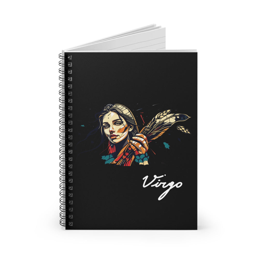 Notebook with a colorful abstract Virgo woman holding wheat sheaf, serene expression, stylish hair, and paint splatters on a black background, featuring the word "Virgo" in elegant white cursive.