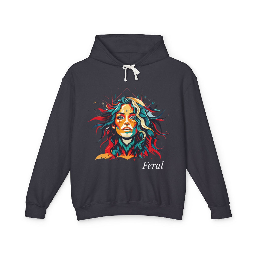 Black hoodie with a colorful graphic of a woman's face and the word 'Feral' on a white background