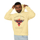 Man modeling a pale yellow hoodie with 'Remember The Bond' inspirational bird graphic and quote 'Even when forms change, The love remains alive' printed on the front.