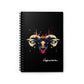 Notebook with a colorful abstract Capricorn goat head portrait, large curved horns, intense eyes, geometric patterns, and paint splatters on a black background, featuring the word "Capricorn".