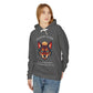 Young woman with long hair modeling charcoal gray hoodie featuring vibrant multicolored wolf head graphic, intense eyes in orange blue teal splashes, full moon above, "SHADOW GUIDE" arched text, motivational quote about intuition and fear below