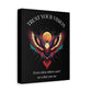 Black canvas wall art print featuring colorful abstract phoenix with spread wings and intense expression on dark background, arched white text "TRUST YOUR VISION" above and quote "Even when others can't see what you see" below. 