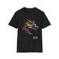 Black unisex cotton t-shirt featuring bold Year of the Dragon graphic: vibrant abstract dragon head portrait with fierce open mouth, sharp golden horns, intricate scales, flowing mane, and dynamic multicolored paint splatters in gold, red, black, blue, teal, and orange tones exploding outward. Chinese text "龙年" (Year of the Dragon) printed below in white. Zodiac Chinese New Year motivational crewneck tee.