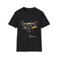 Black unisex cotton t-shirt featuring bold Taurus zodiac graphic: vibrant abstract bull head portrait with large curved horns, intense expression, geometric patterns, and dynamic multicolored paint splatters in gold, red, navy, teal, and black tones exploding outward. Elegant white cursive "Taurus" text below. Astrology zodiac motivational crewneck tee.