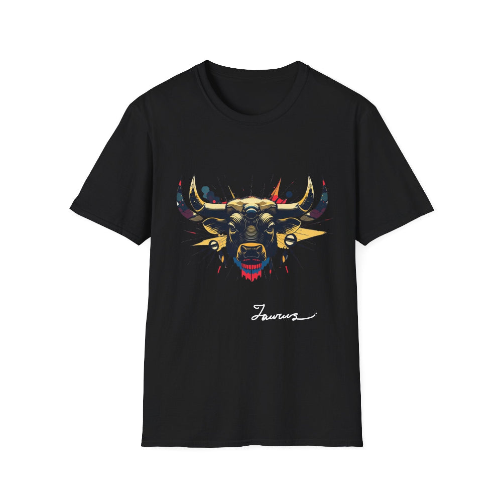 Black unisex cotton t-shirt featuring bold Taurus zodiac graphic: vibrant abstract bull head portrait with large curved horns, intense expression, geometric patterns, and dynamic multicolored paint splatters in gold, red, navy, teal, and black tones exploding outward. Elegant white cursive "Taurus" text below. Astrology zodiac motivational crewneck tee.