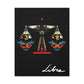 Close Up of black canvas wall art print of geometric Libra scales with intricate patterns and colorful accents on dark background, featuring "Libra" in elegant white cursive.