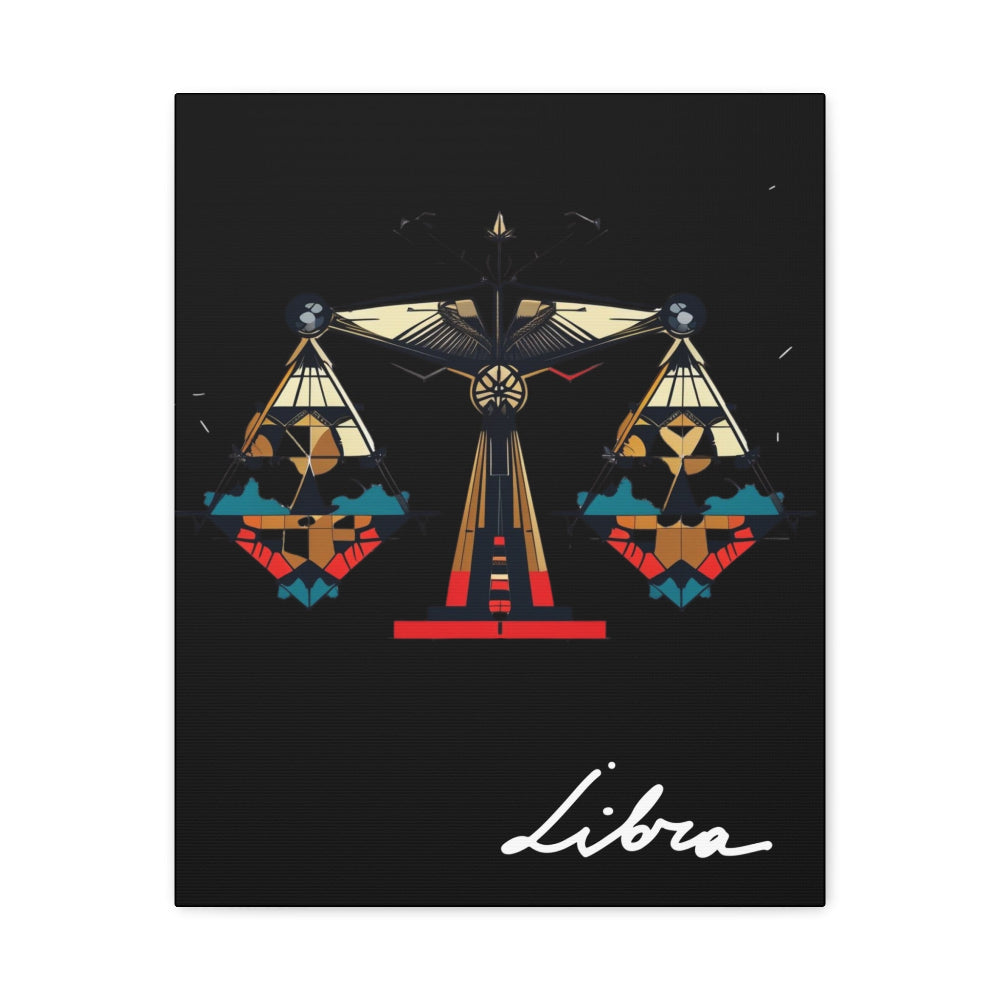 Close Up of black canvas wall art print of geometric Libra scales with intricate patterns and colorful accents on dark background, featuring "Libra" in elegant white cursive.