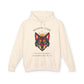 Cream hoodie with vibrant multicolored wolf head graphic, intense eyes in orange blue teal splashes, full moon above, "SHADOW GUIDE" arched text, motivational quote "Even when fear appears, your intuition shows the way" below