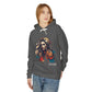 Woman in charcoal feral hoodie, colorful wild woman with wolf graphic and "Feral" text