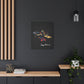Black canvas wall art print of abstract Sagittarius archer with bow, dynamic pose, flowing cape, and colorful splatters on dark background, featuring "Sagittarius" in elegant white cursive  hung on a dark grey wall above a wooden shelf with potted plants.