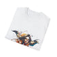 White folded unisex cotton t-shirt featuring bold "Feral" graphic print: vibrant abstract portrait of a fierce woman with wild flowing hair, intense expression, tribal markings, colorful geometric accents, and dynamic paint splatters in red, orange, teal, blue, and gold tones bursting outward around an orange moon background. White elegant cursive "Feral" text below. Wild feminine energy motivational crewneck tee.