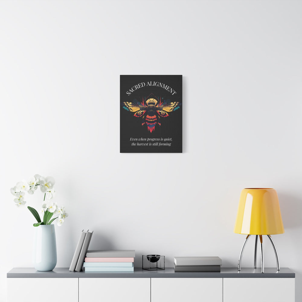Black canvas wall art print of colorful abstract sacred bee with detailed wings, geometric accents, and cosmic splatters on dark background. Arched white text "SACRED ALIGNMENT" above and quote "Even when progress is quiet, the harvest is still forming" below.  Modern motivational zodiac decor hung on white wall above console table with books and yellow lamp.