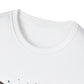 Close-up of white unisex cotton crewneck t-shirt collar: soft ribbed neckline, clean stitching, comfortable fit. Premium durable crew neck construction detail.
